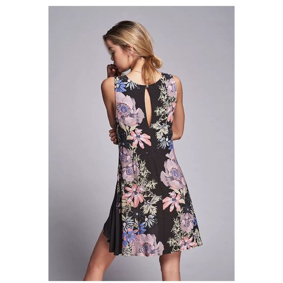 097 FREE PEOPLE Back Yard Party Printed Tunic Mini Dress Black Floral sz S - Picture 2 of 12